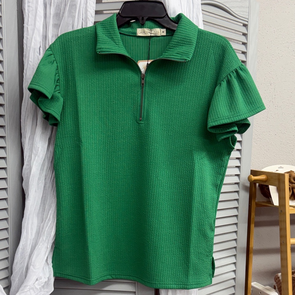 Green Short Sleeve Zip-Up Top